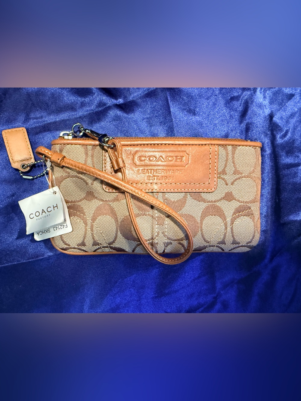 Coach Tan Signature Canvas Wristlet with Leather Trim